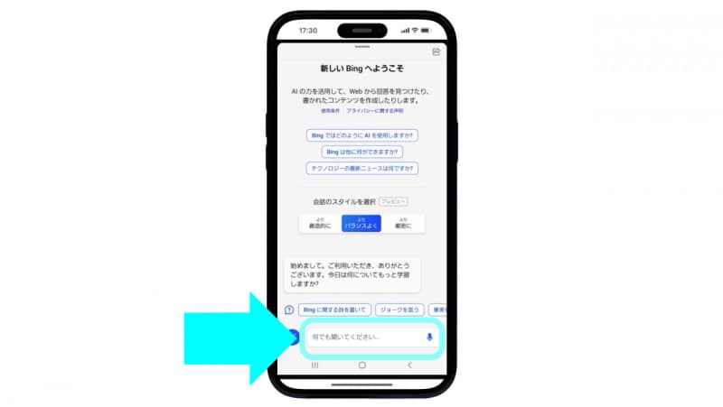「なんでも聞いてください...」に質問や指示を入力する