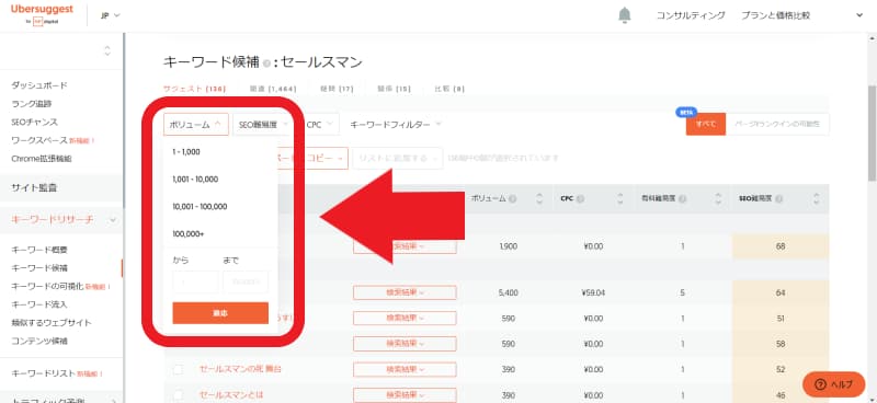 検索ボリュームでキーワードを絞る