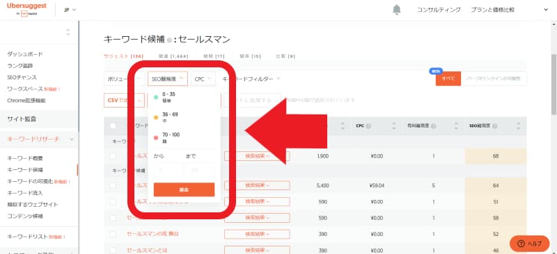 SEO難易度でキーワードを絞る